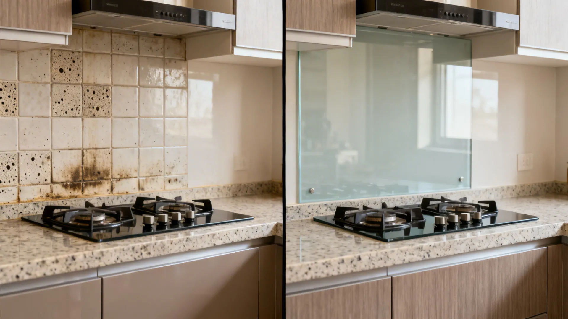 Before-and-after of tile grout stains versus clean tempered glass backsplash behind the hob.