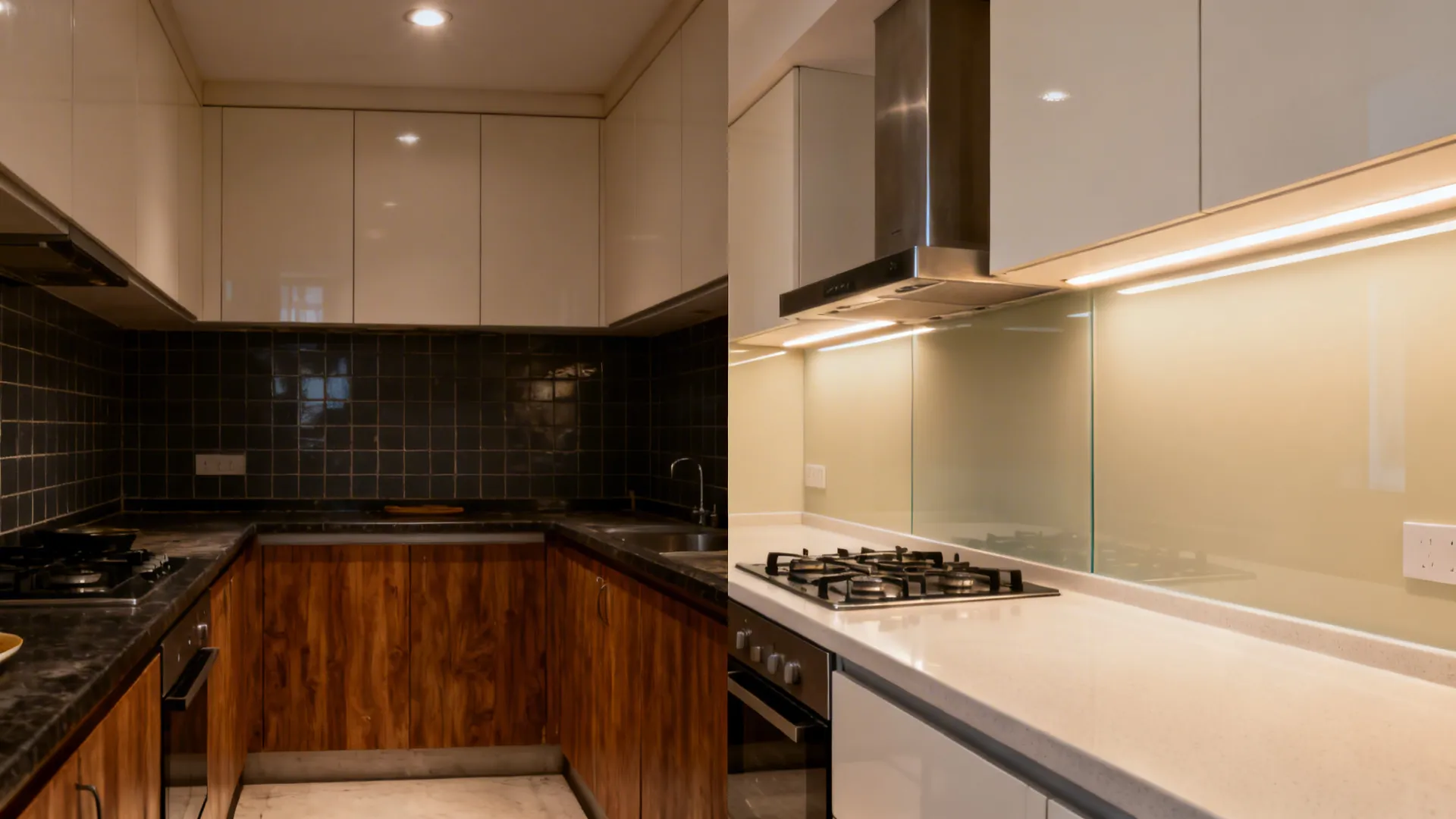 Before-and-after view showing a dark tile backsplash replaced by light back-painted glass in a compact kitchen.