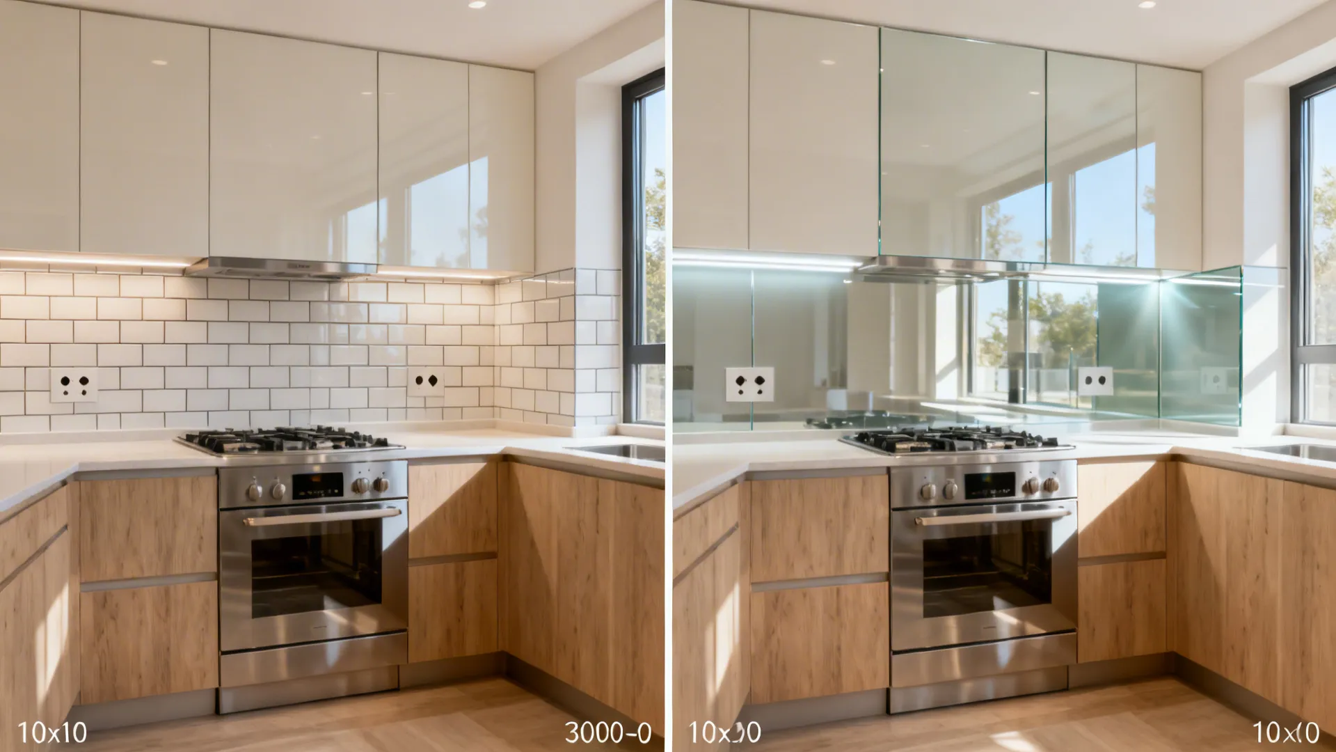 Before-and-after showing tile replaced by a reflective low-iron glass backsplash that brightens a small U-kitchen.