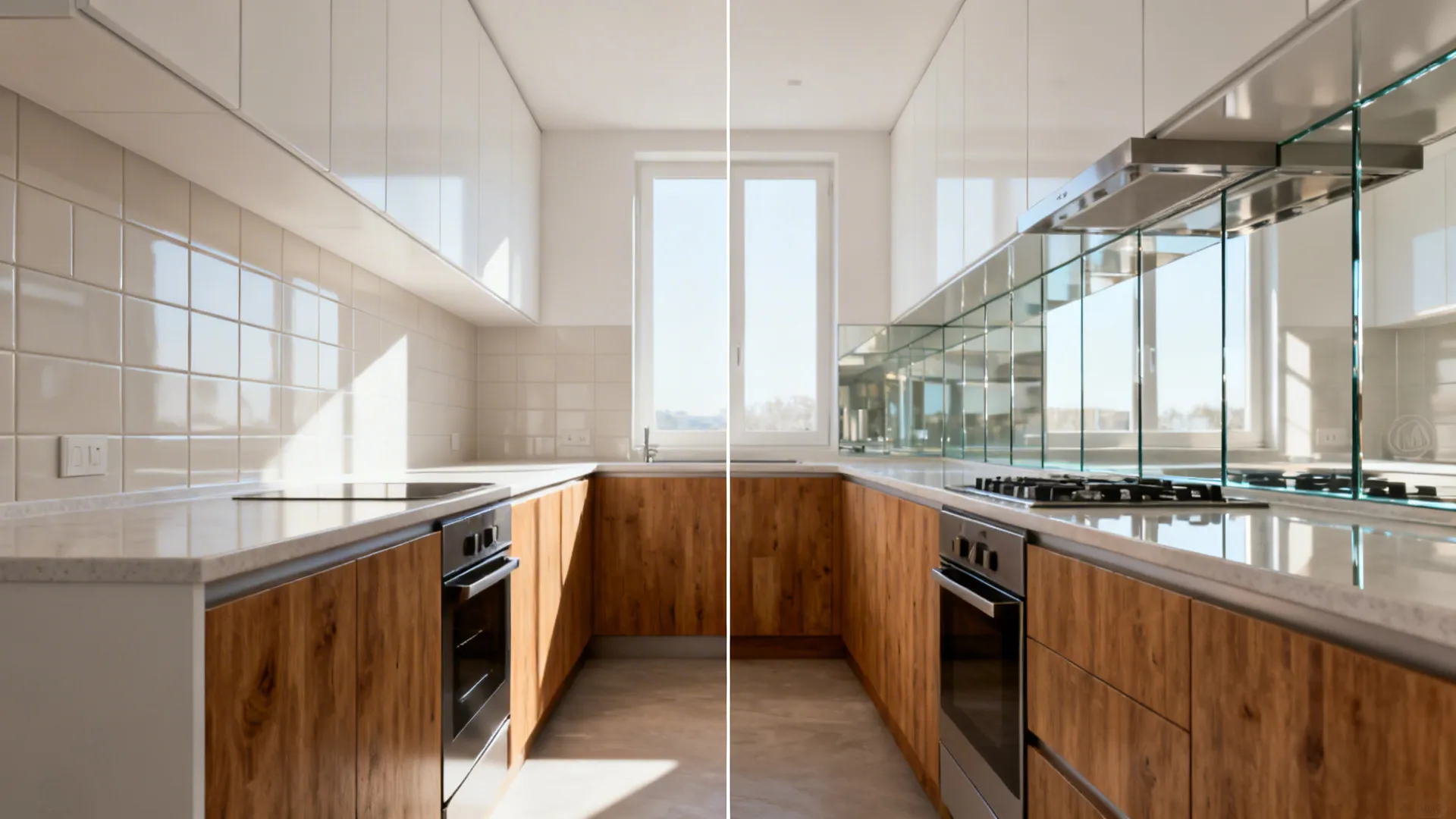 Comparison of matte tile versus reflective glass backsplash in a compact kitchen.