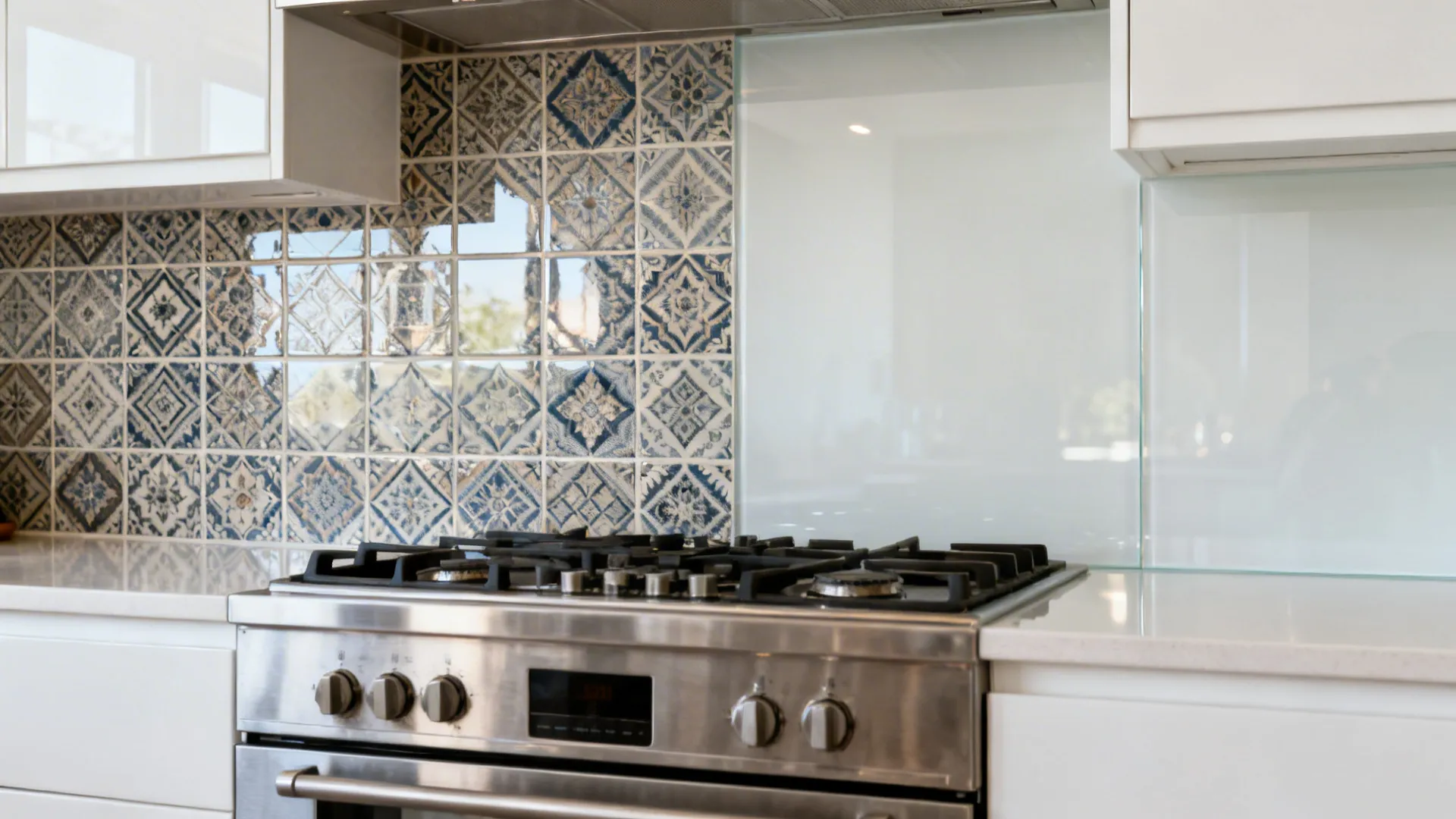 Before-and-after kitchen backsplash showing busy tile versus low-iron back-painted glass.
