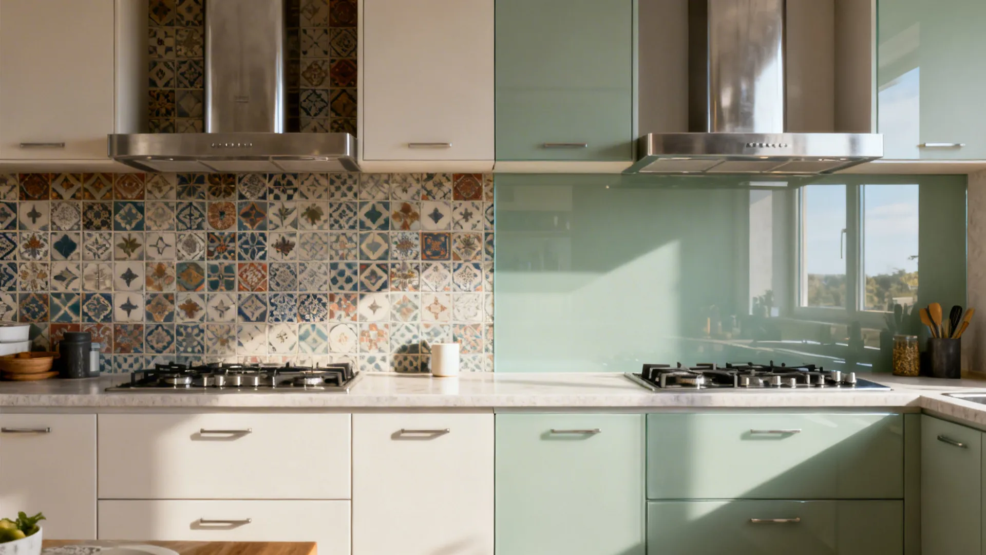 Before-and-after view replacing patterned tiles with a sage back-painted glass backsplash.