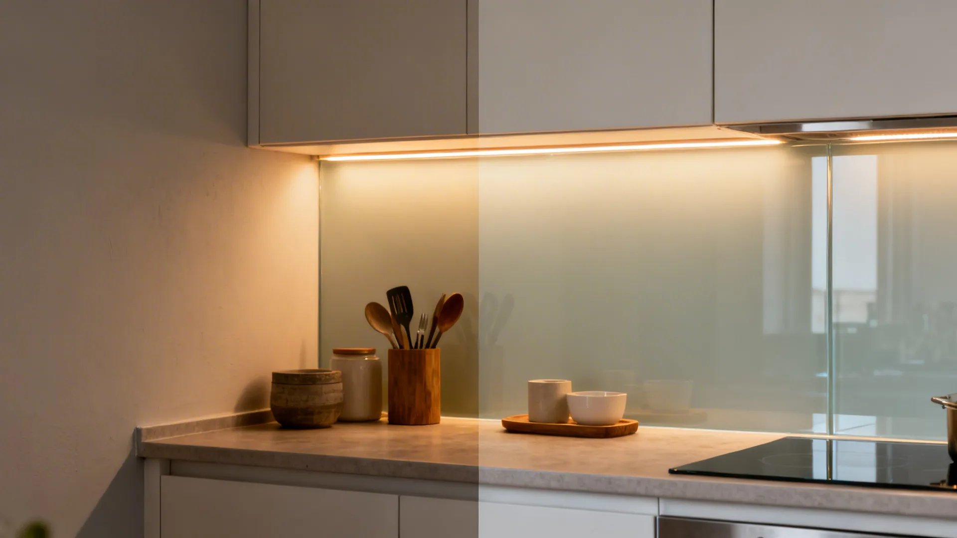 Before-and-after comparison showing a glass backsplash brightening a small kitchen wall.