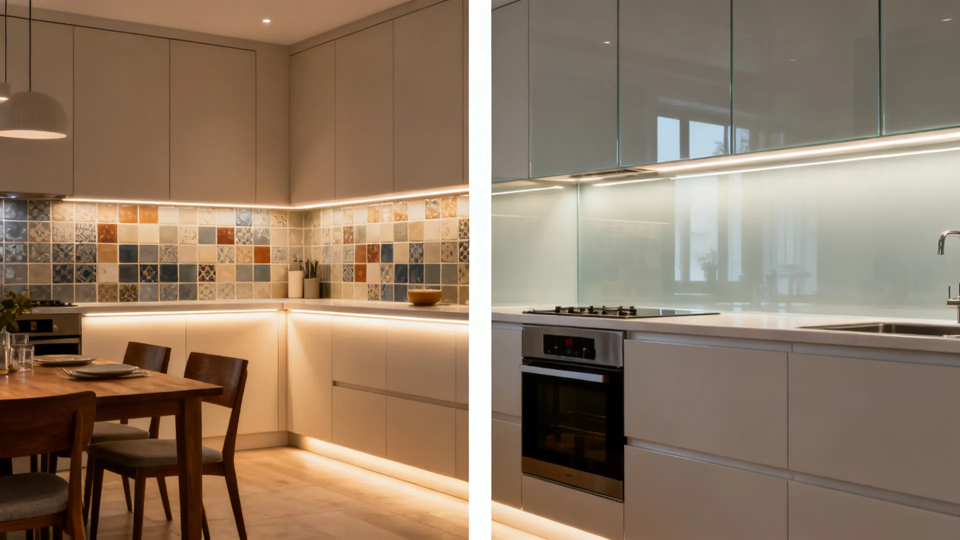 Comparison between colorful patterned tiles and a clean light blue glass wall in modern kitchens