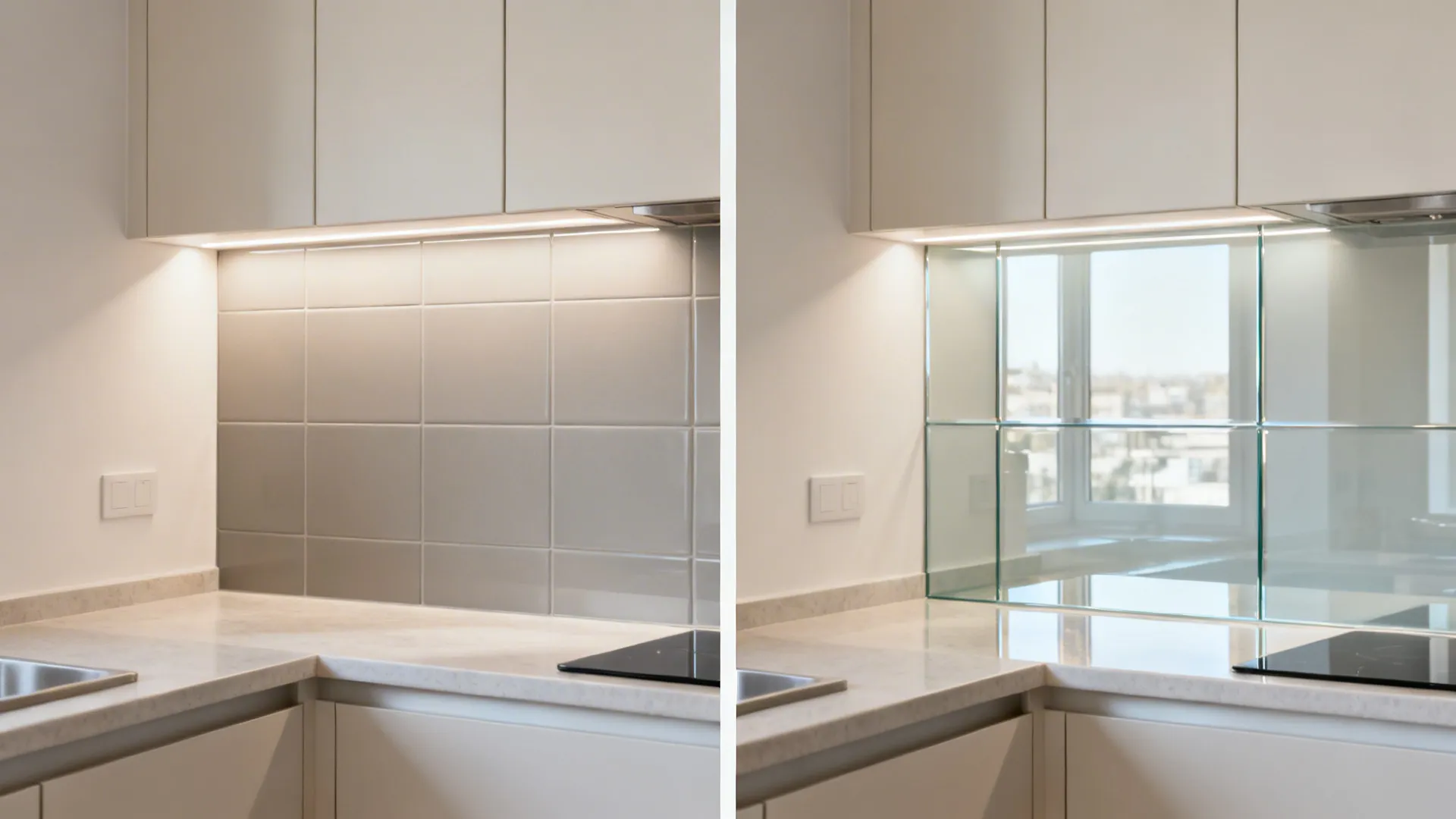 Comparison of matte tile vs low-iron glass backsplash showing increased brightness.