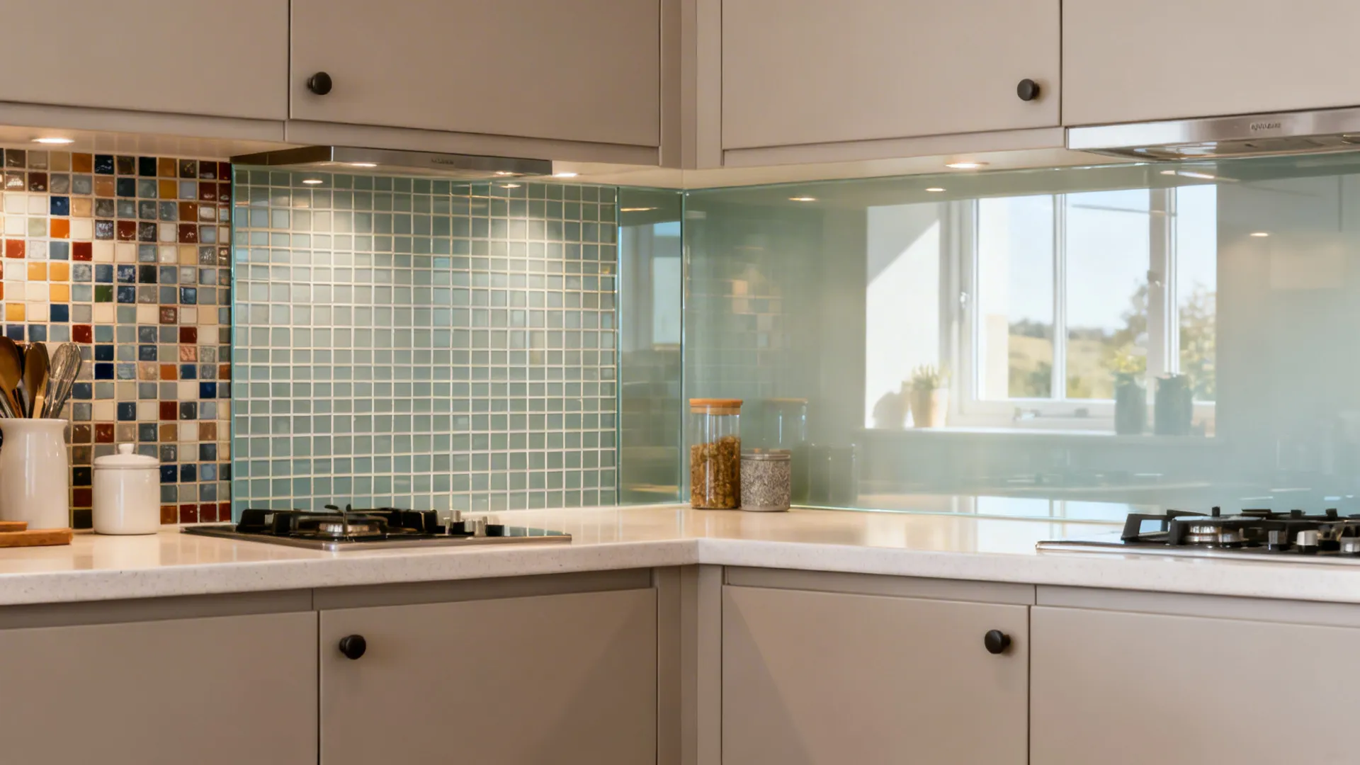 Before-and-after of a small kitchen replacing tile with a seamless low-iron glass backsplash.