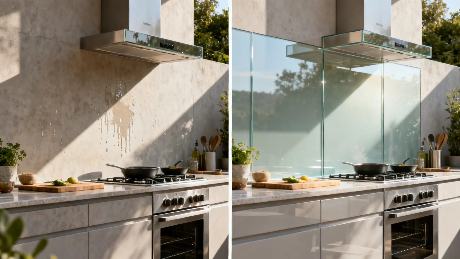 Before and after comparison showing a dim wall versus a bright glass-backed prep zone outdoors.
