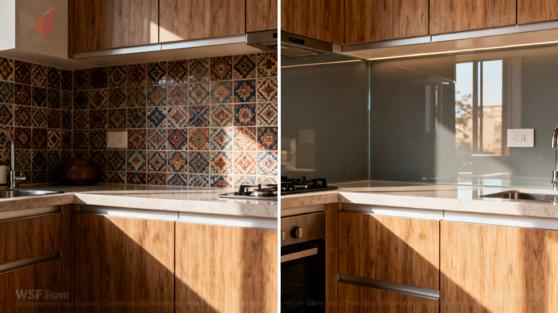 Glass backsplash for light and clean-up