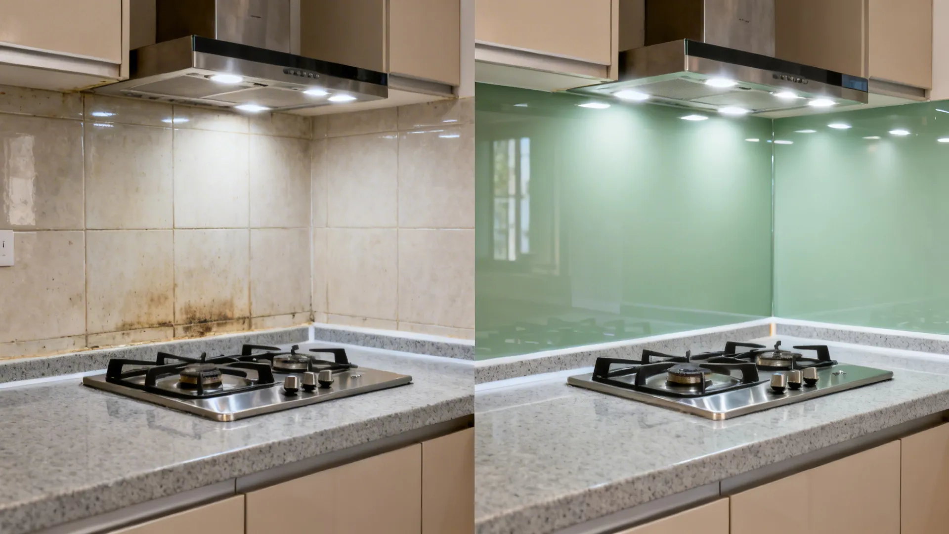 Glass backsplash to bounce light and control stain