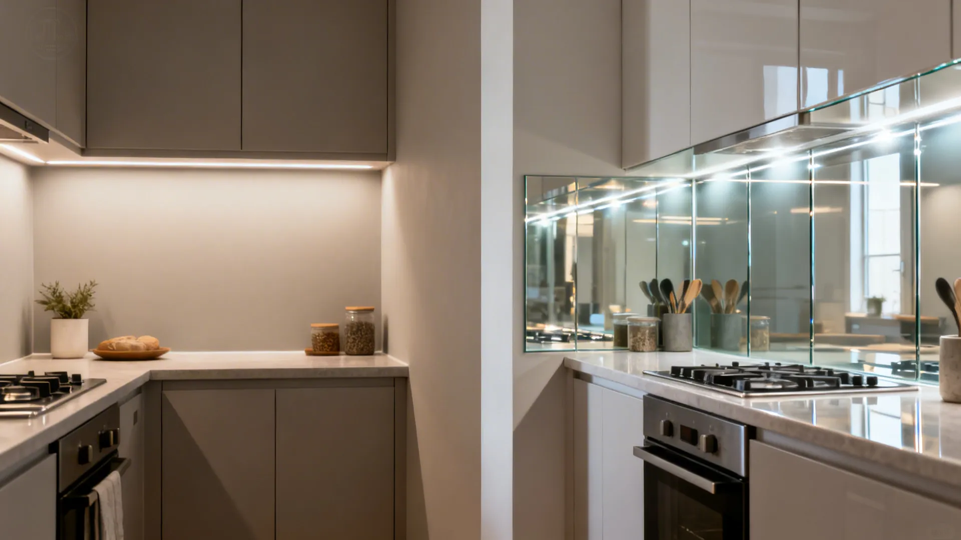 Before-and-after comparison showing glass backsplash increasing brightness and depth.