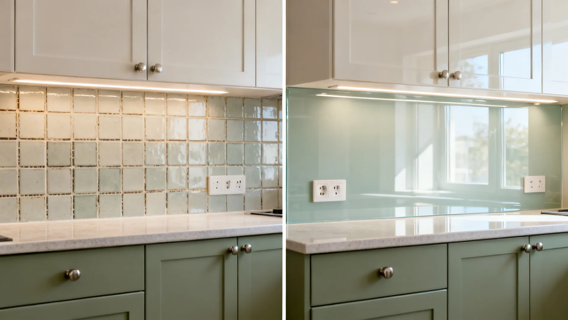 Before-and-after backsplash: dated tile on left, reflective painted glass on right, much brighter.