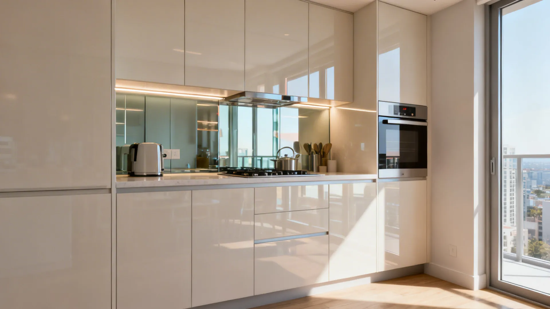Compact condo kitchen with light cabinets and a reflective glass backsplash that boosts openness.
