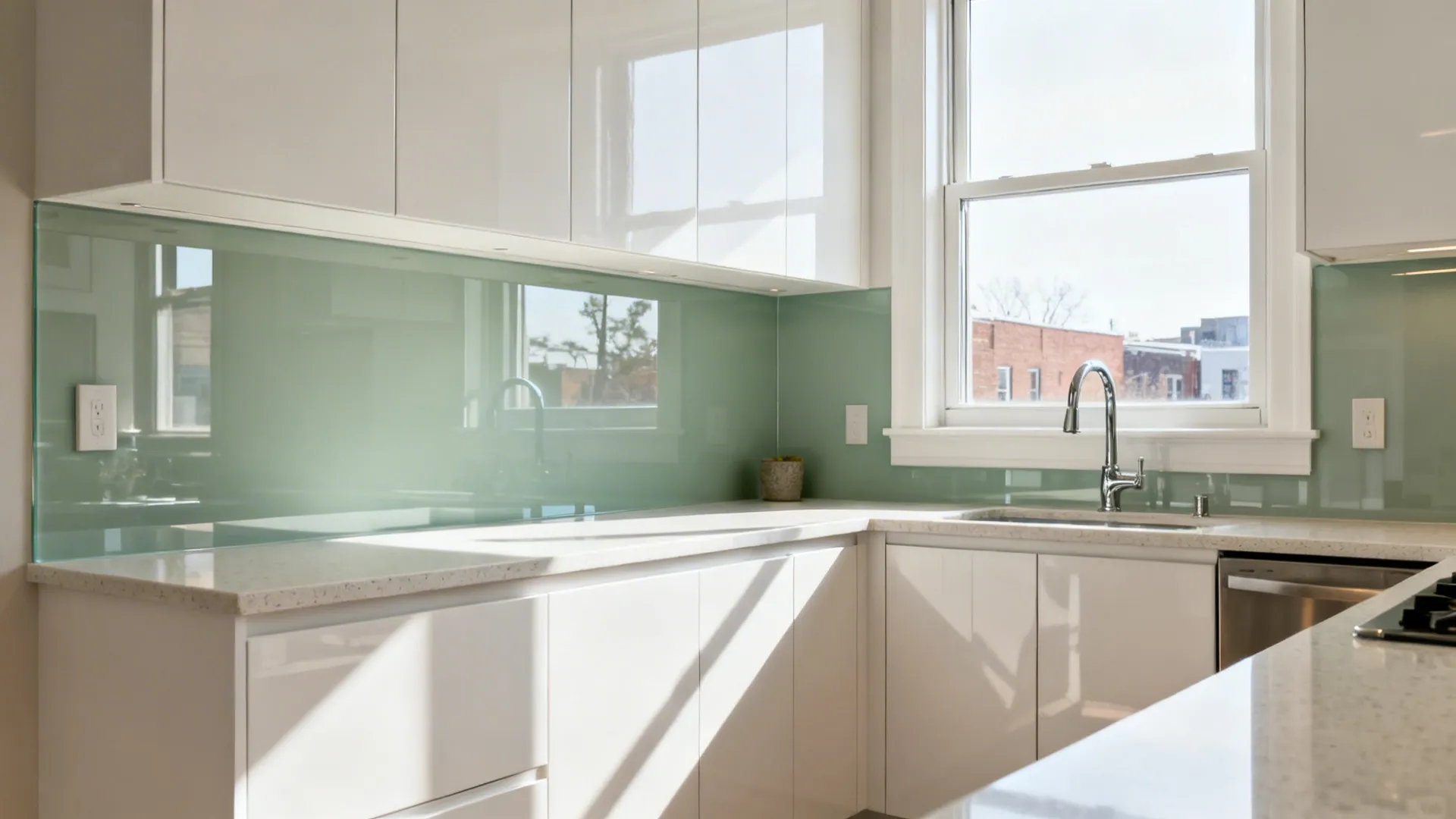 Compact condo kitchen with a pale gray-green glass backsplash reflecting soft daylight.