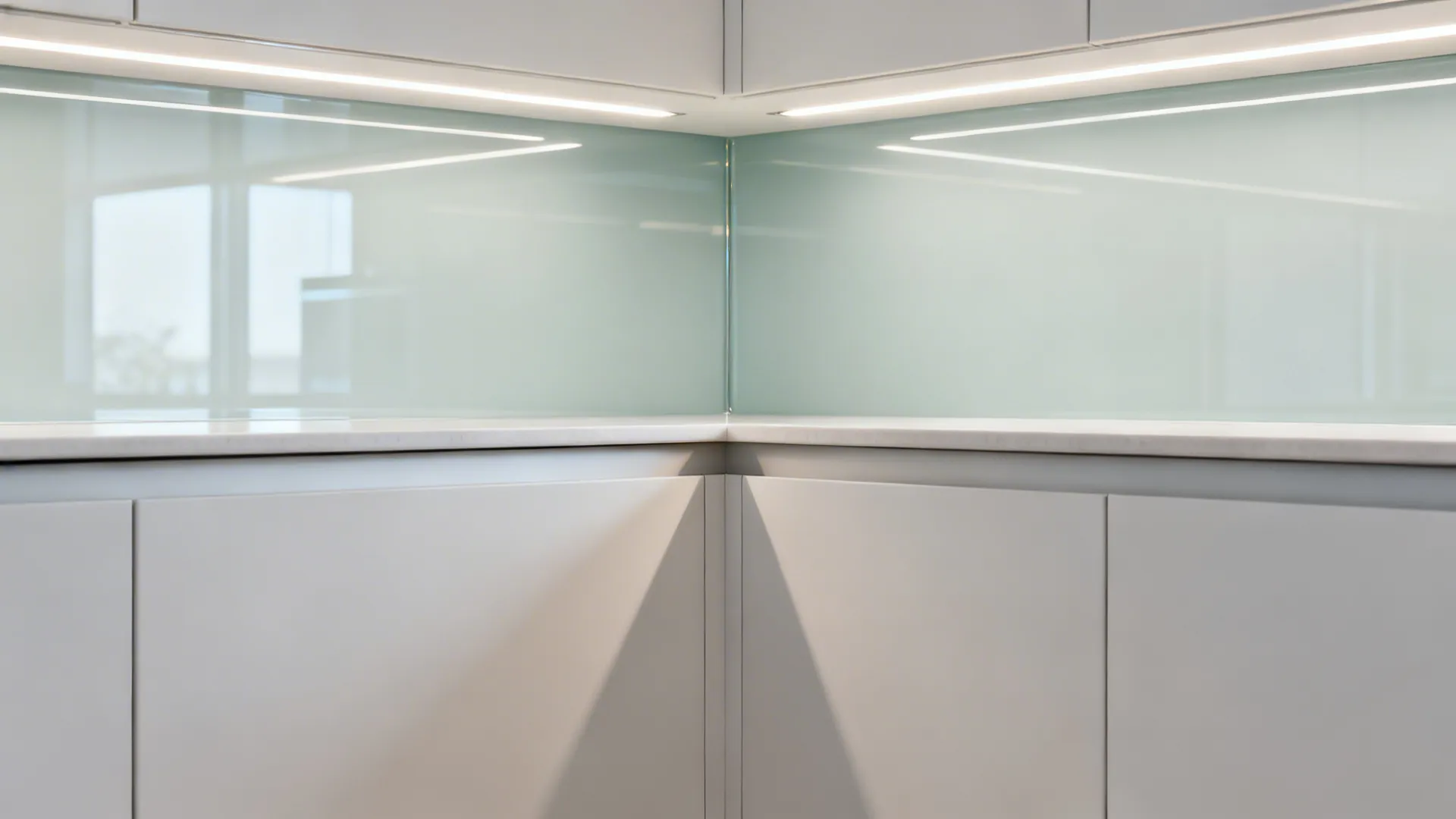 Modern kitchen corner featuring a smooth glass wall panel with bright lights above white cabinets