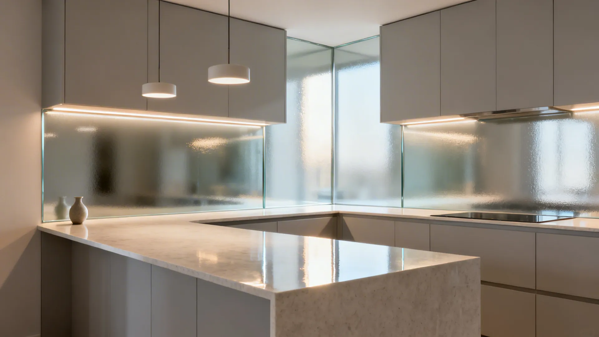 Corner kitchen with a satin glass backsplash reflecting warm task lighting toward a slim island.