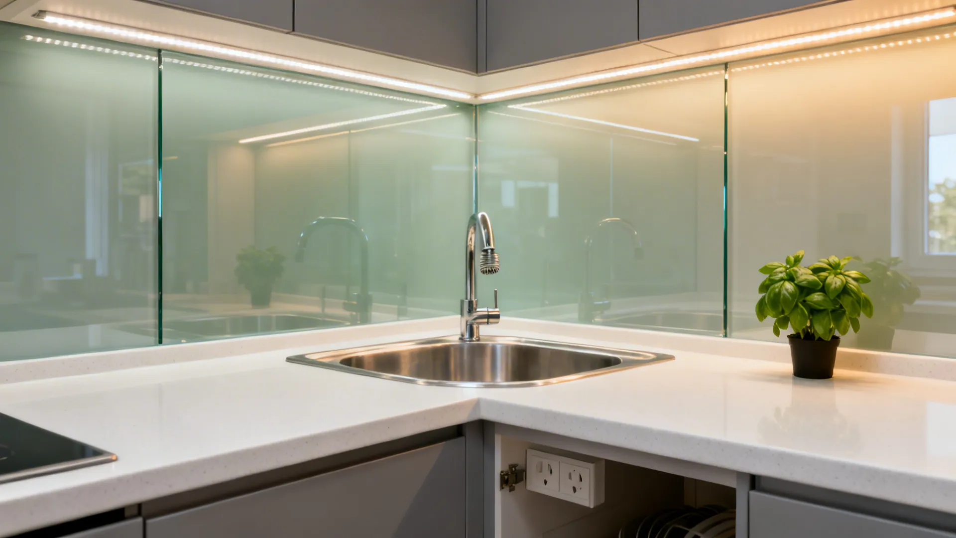 Corner sink with low-iron glass backsplash reflecting warm under-cabinet light.