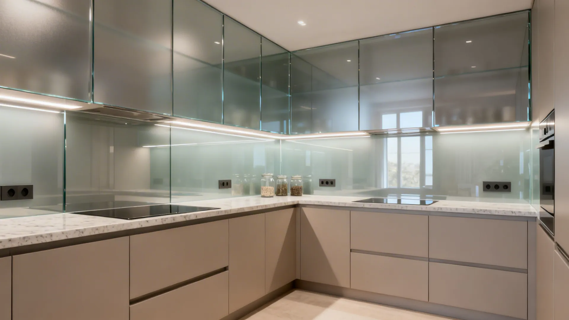 Glass backsplash to open the corner and bounce light