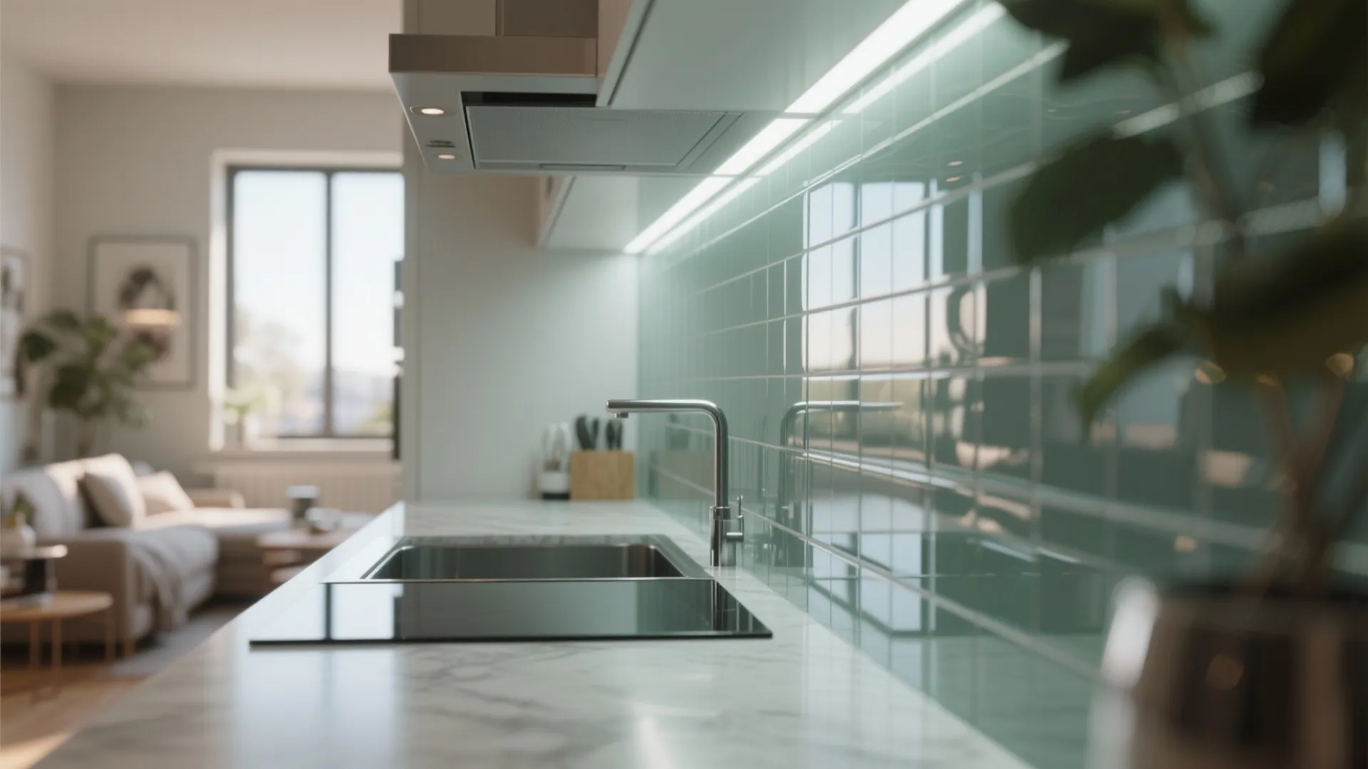 Glass backsplash reflecting light in a small open kitchen