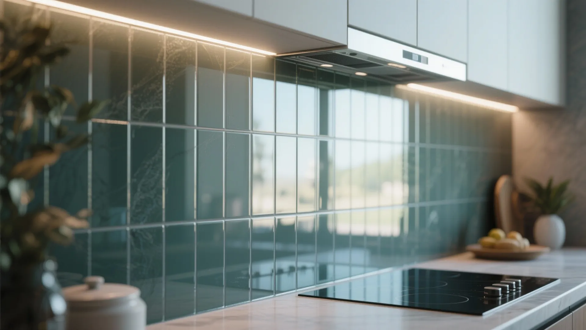 2. Glass Backsplash for Added Depth