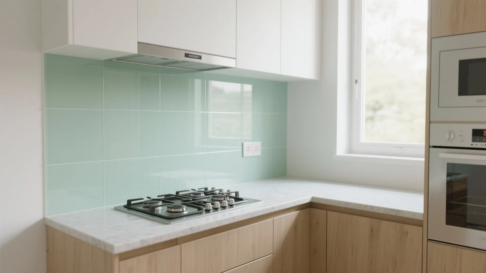 Glass backsplash for depth and light