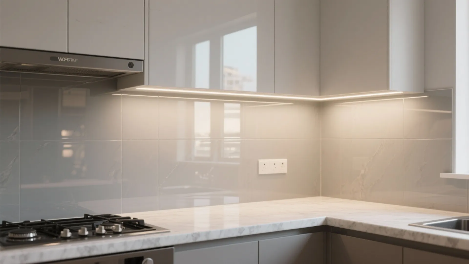 Glossy grey wall tile in kitchen with marble countertop stove and warm light fixture under cabinet