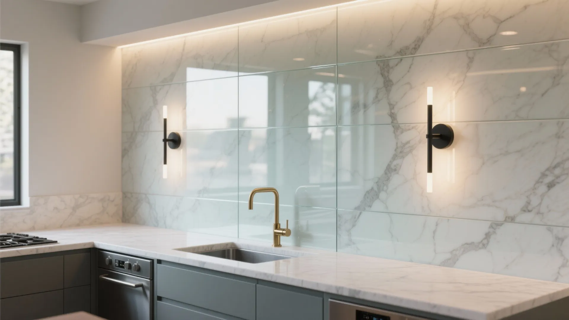 Glass Backsplash with Marble Wall Lights for Depth