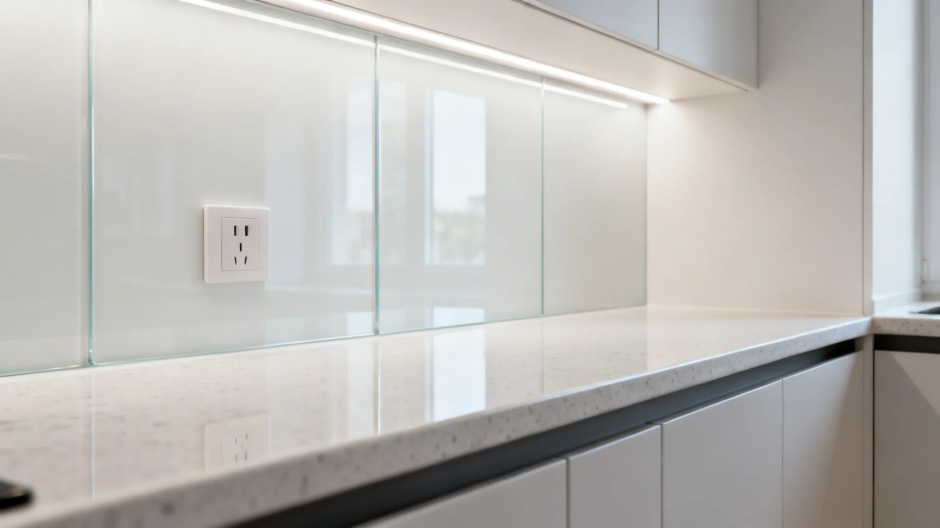 Glass backsplash for borrowed depth