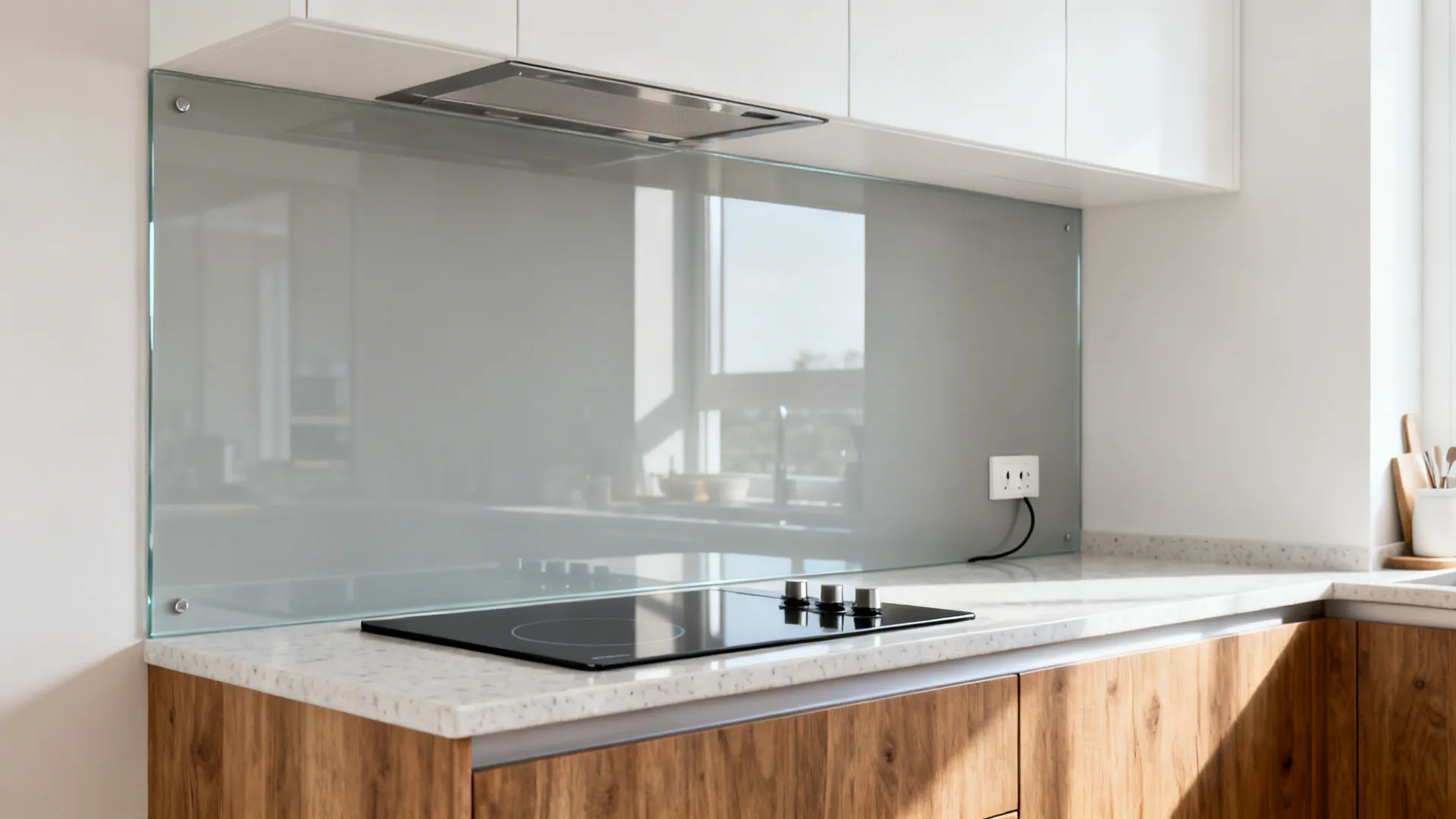 Pale gray back-painted glass backsplash reflecting light in a compact kitchen with wood and white cabinetry.