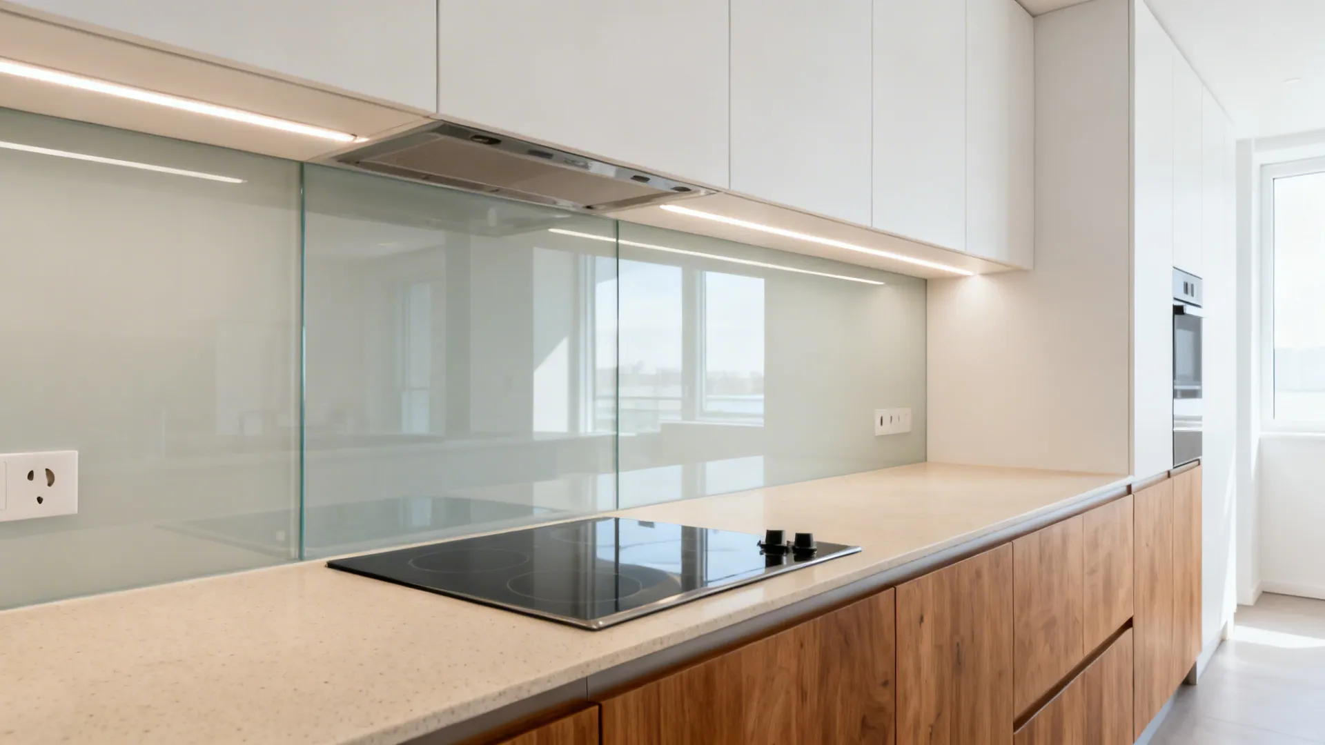 Compact kitchen with low-iron glass backsplash reflecting daylight for a brighter look.
