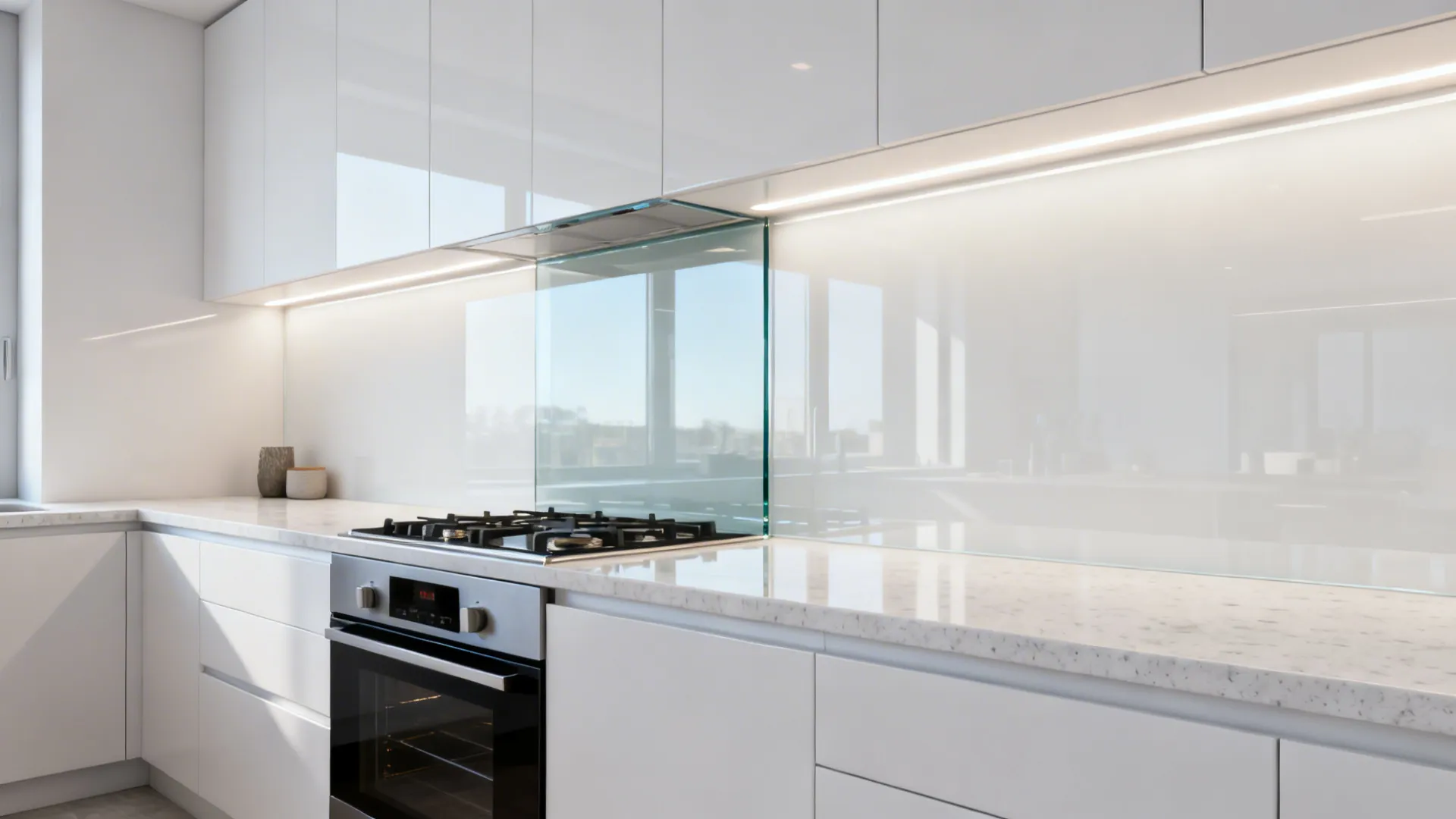 Seamless low-iron glass backsplash reflecting light in a modern L-shaped kitchen.