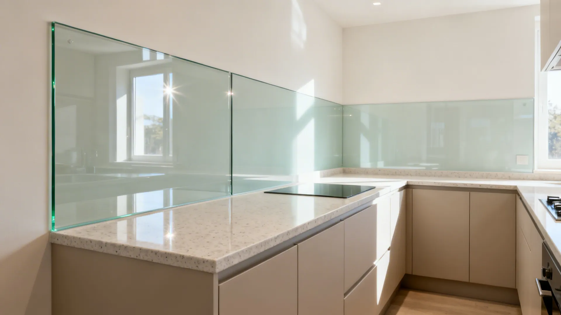Compact kitchen with low-iron glass backsplash reflecting light for added depth.