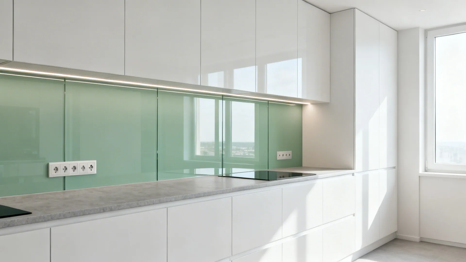 Minimalist white kitchen showing green glass wall, grey counter, light fixture, and sunny window view