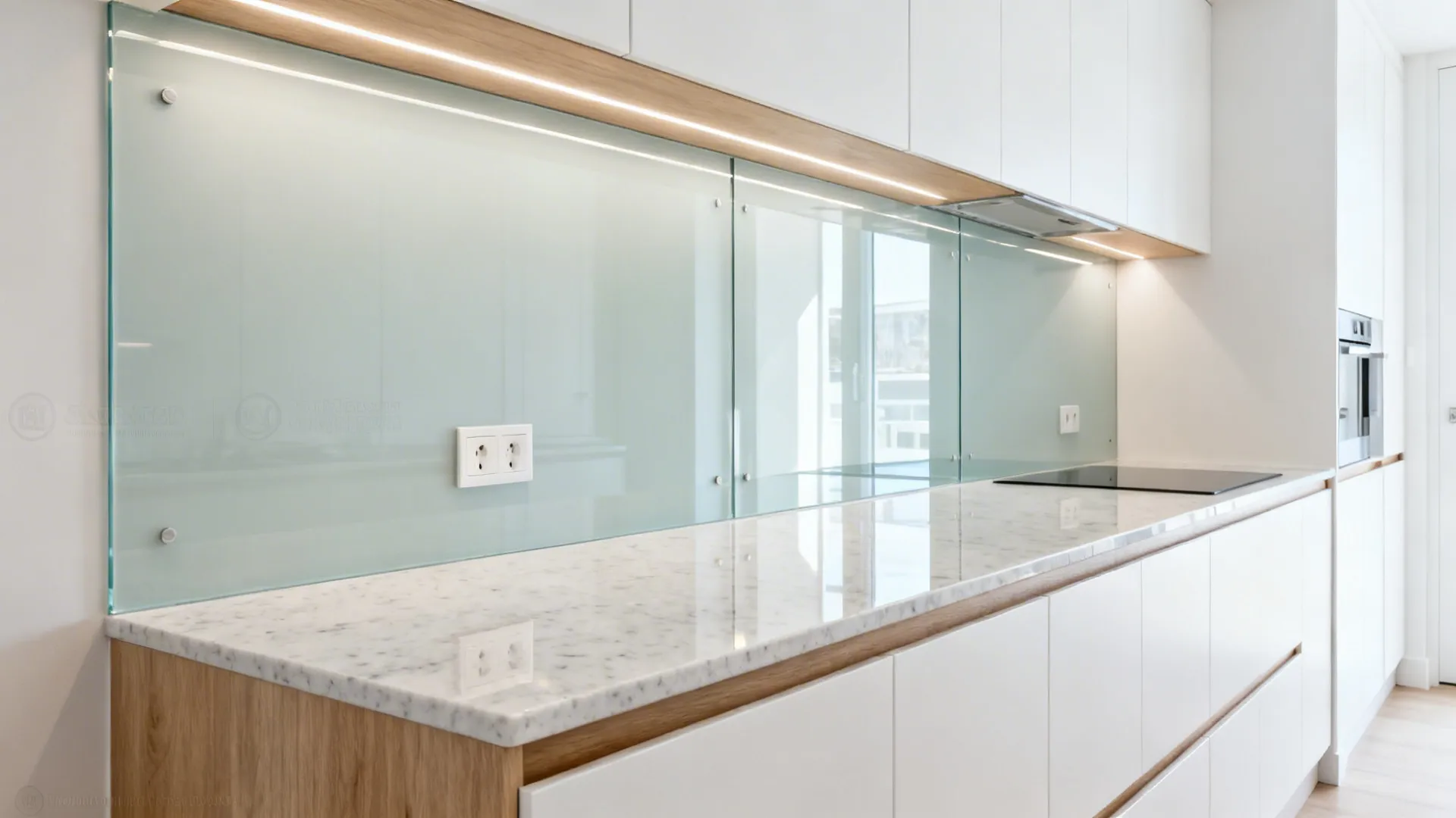 Low-iron back-painted glass backsplash in a compact modern galley kitchen with subtle reflections.