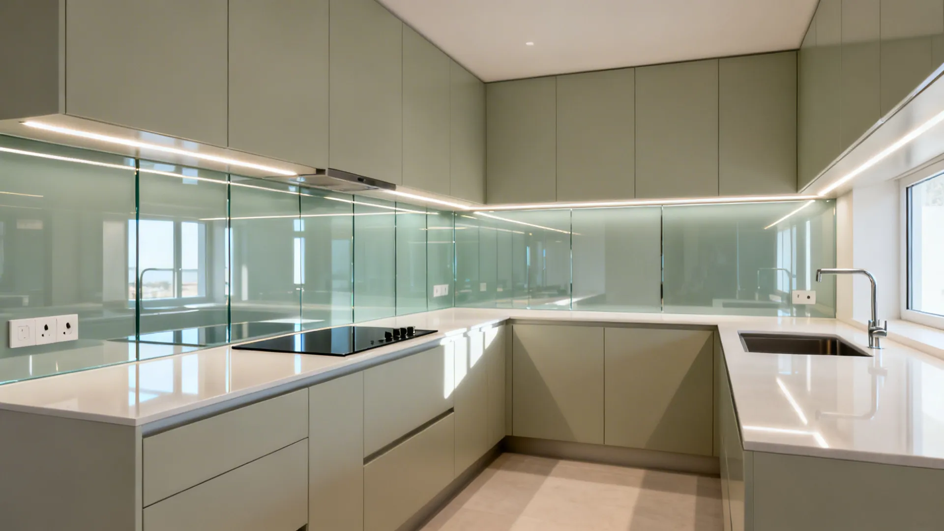 L-shaped kitchen with low-iron back-painted glass backsplash reflecting under-cabinet LED light.