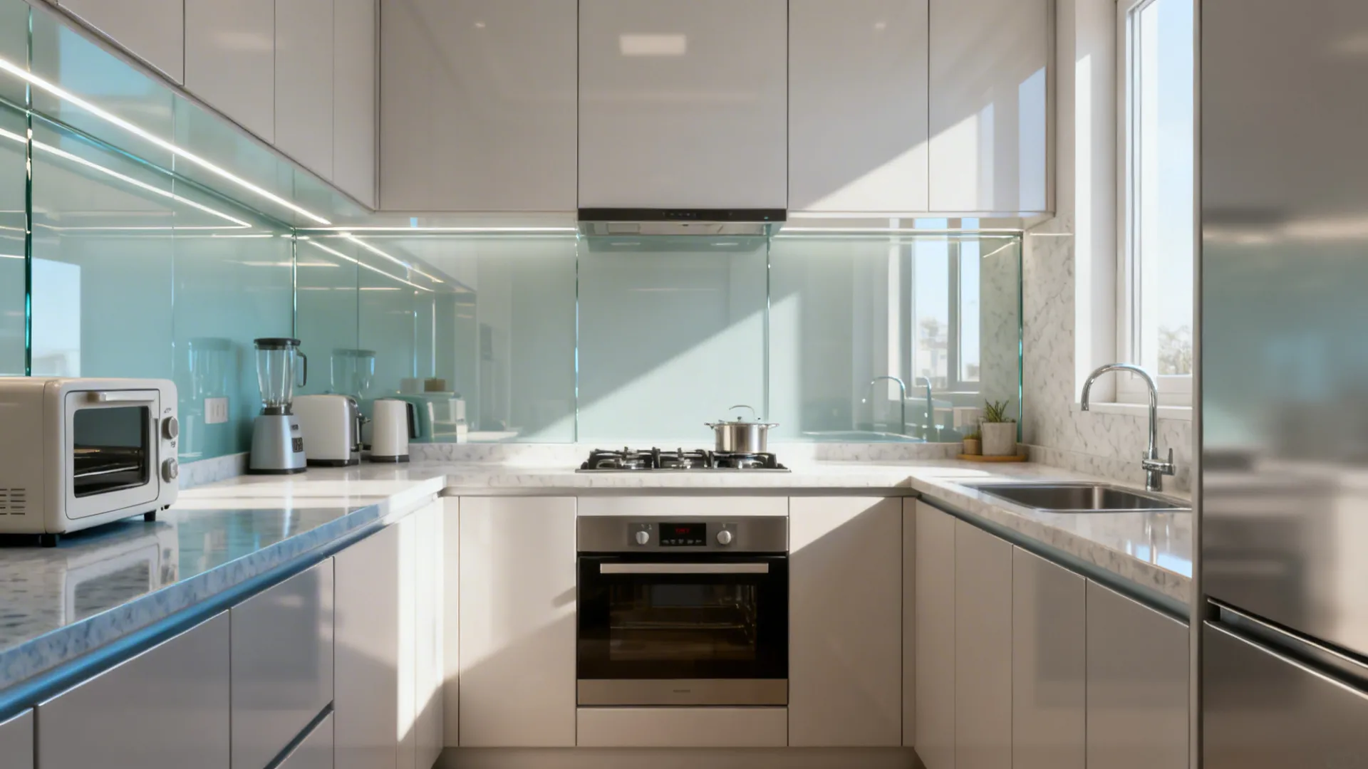Low-iron glass backsplash reflecting soft daylight in a tiny galley, adding depth and brightness.