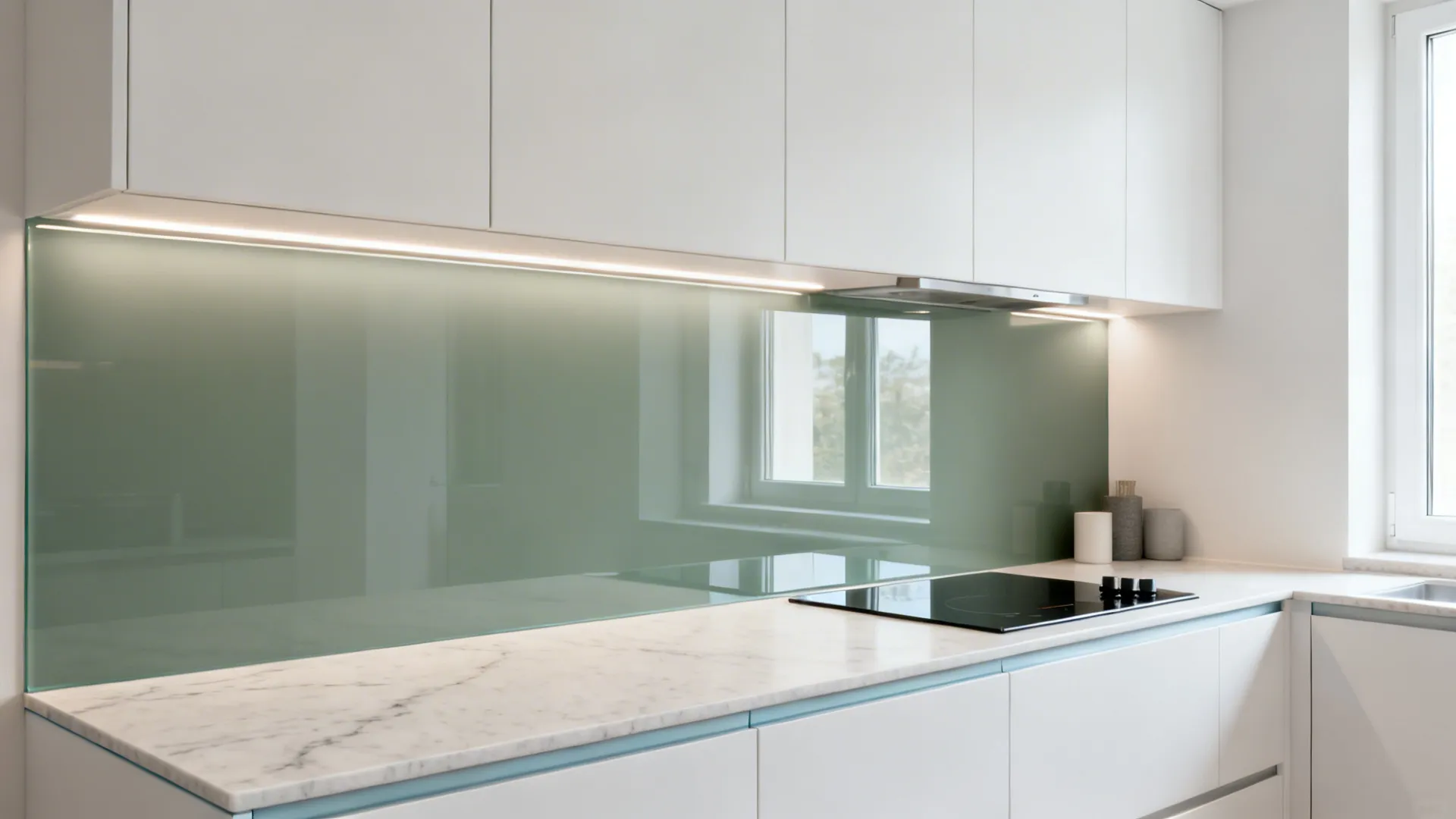 Small kitchen with a soft gray-green back-painted glass backsplash reflecting gentle daylight.
