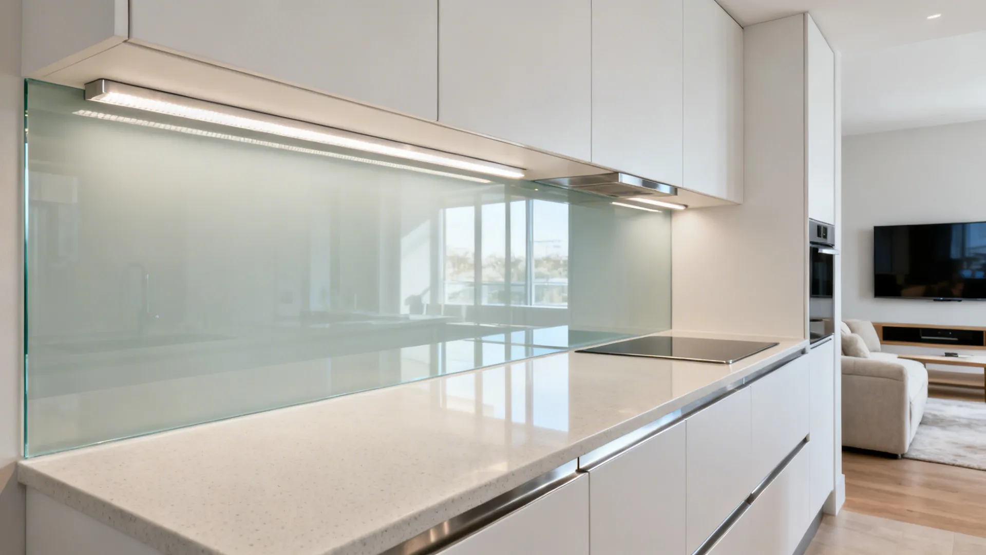 Low-iron glass backsplash reflecting soft daylight for a deeper feel.