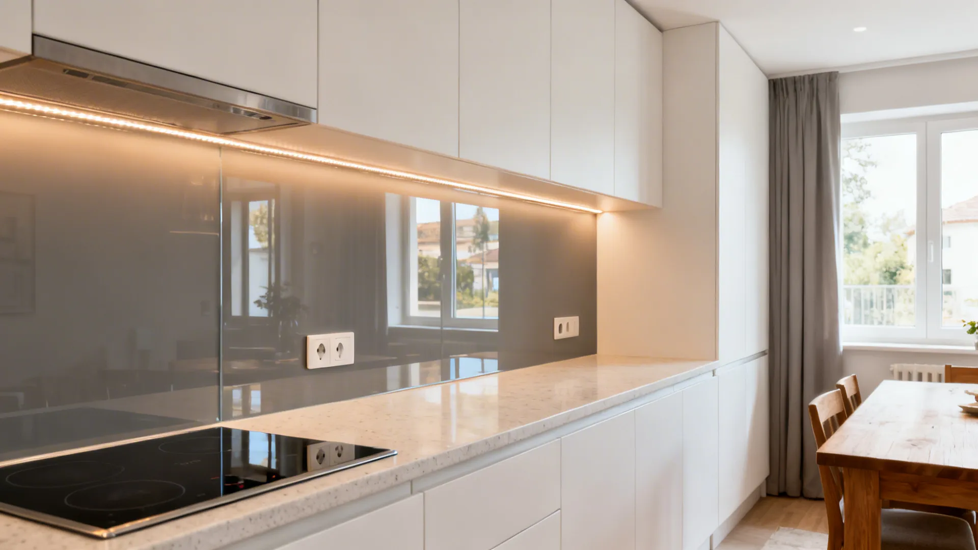 Glass backsplash for borrowed light and depth