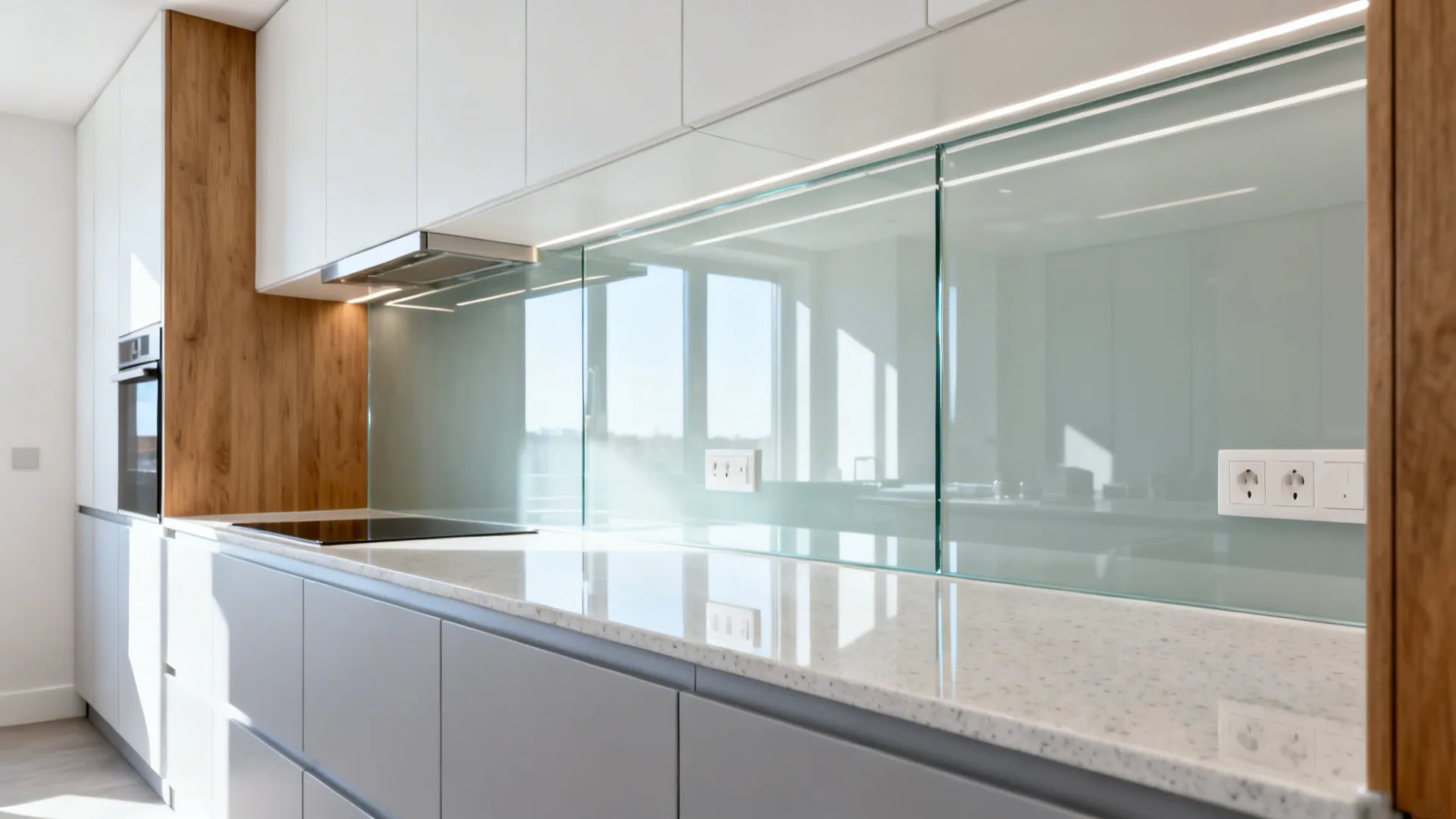 Small galley kitchen with low-iron glass backsplash reflecting light to increase depth