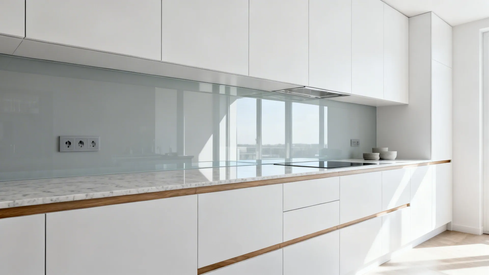 Low-iron back-painted glass backsplash reflects daylight in a one-wall kitchen.