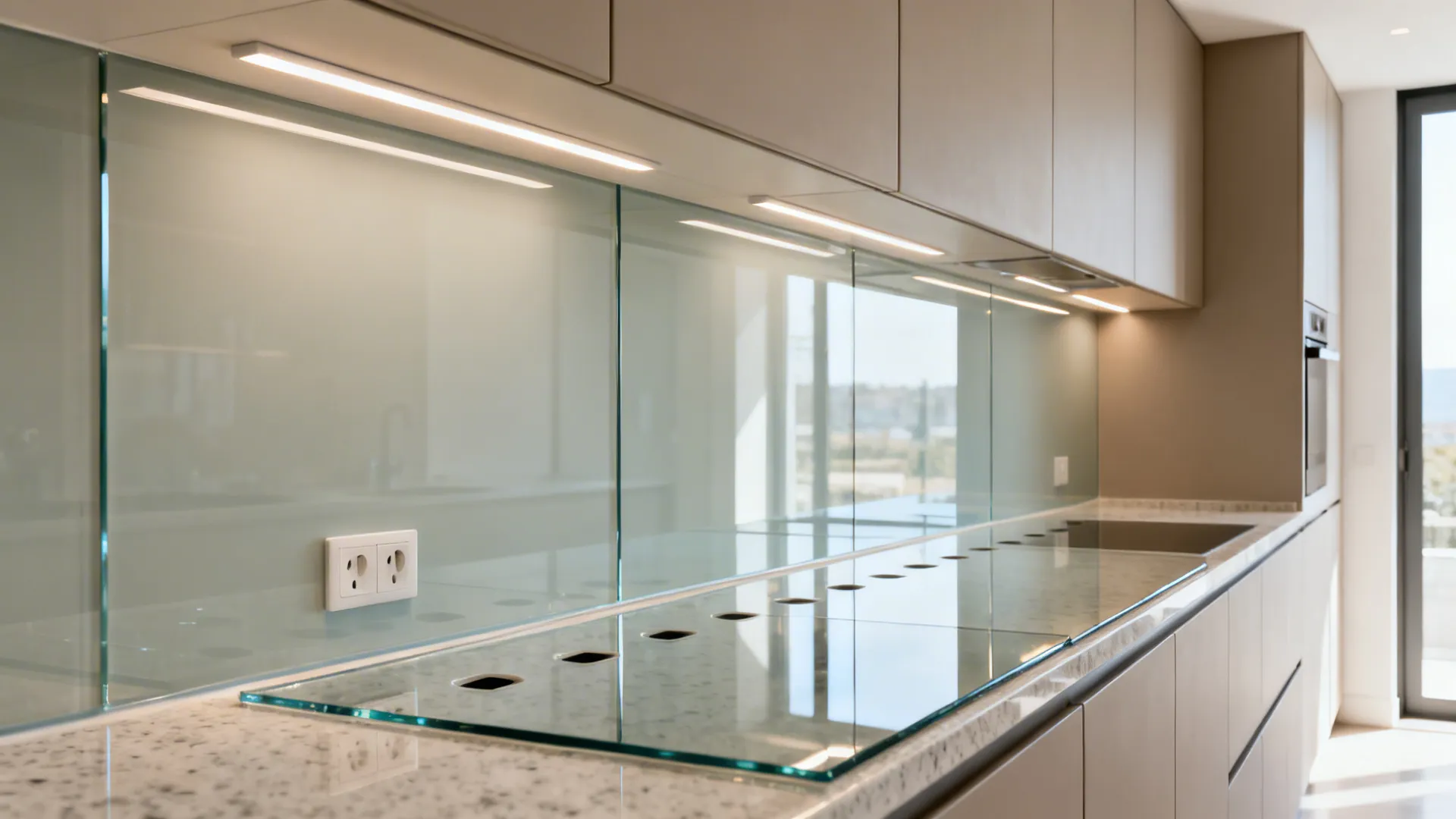 Small galley kitchen with reflective back-painted glass backsplash.