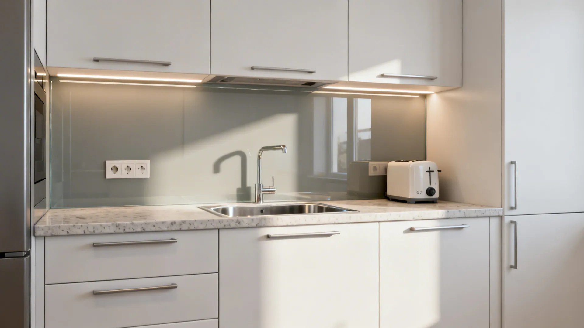 Small kitchen with low-iron glass backsplash reflecting warm LEDs and daylight for a brighter feel.