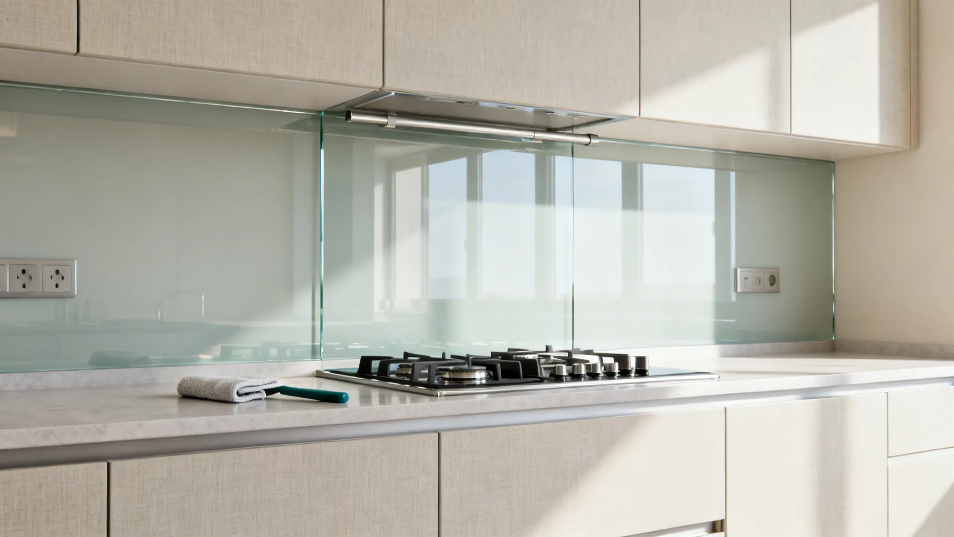 Light fiber cabinets with a single-sheet low-iron tempered glass backsplash reflecting soft daylight.