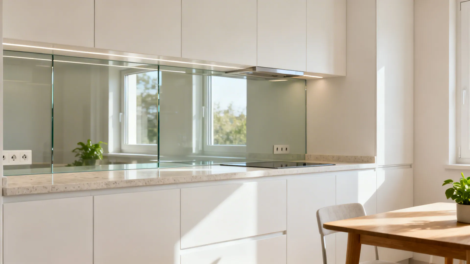 2) Glass backsplash for depth and light