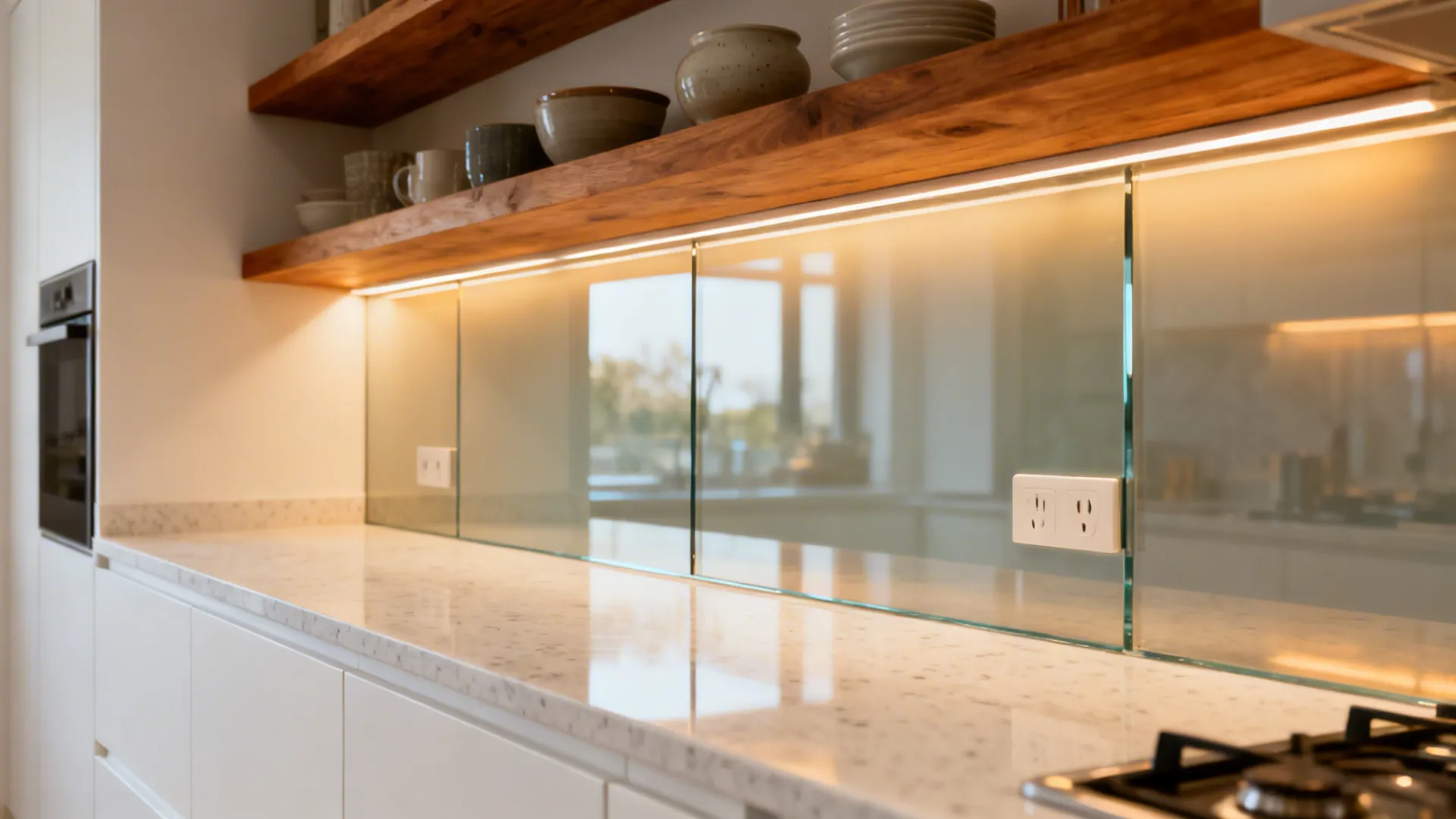 Low-iron glass backsplash reflecting warm under-cabinet lights in a small kitchen.