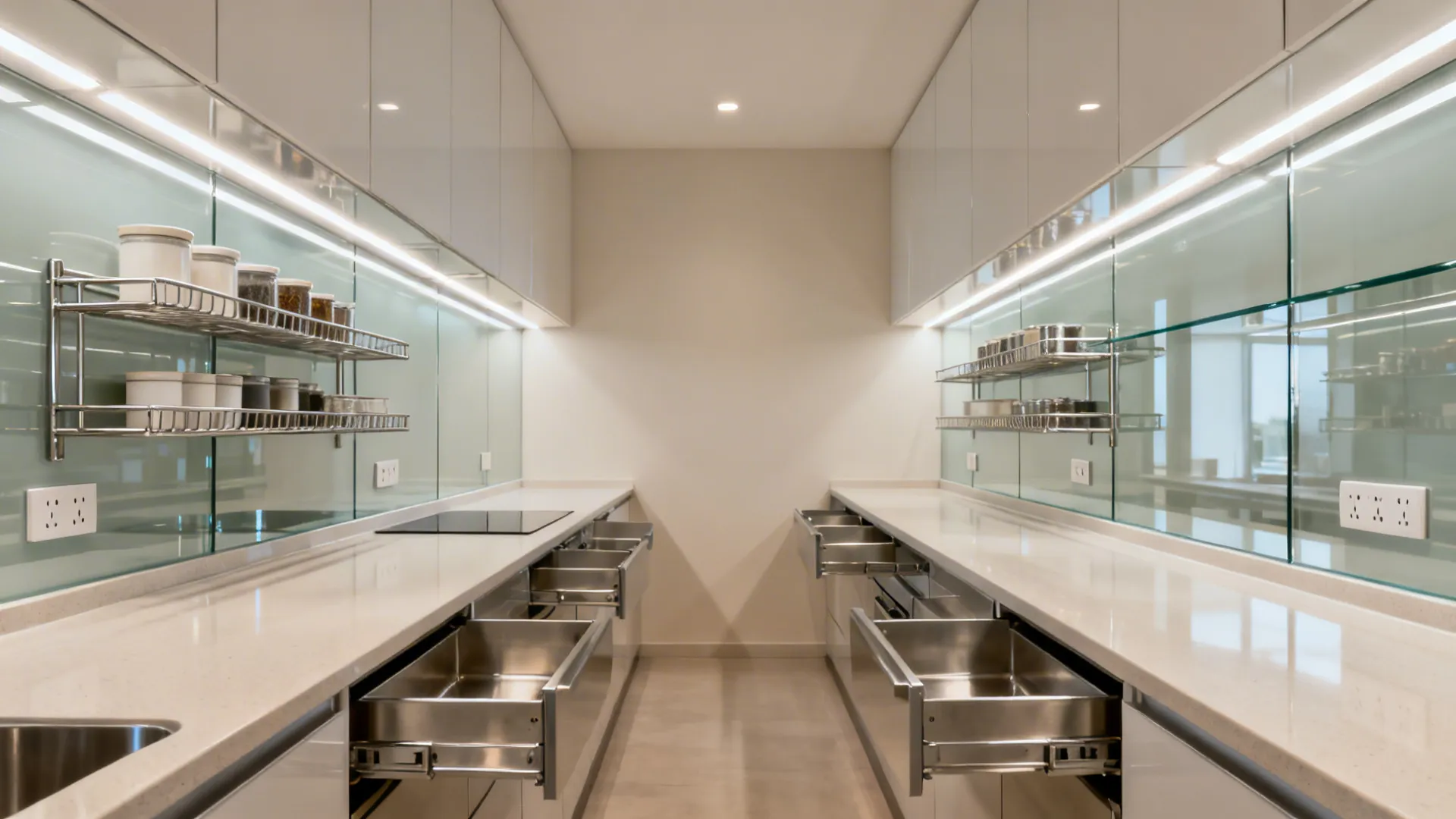 Glass Backsplash + Reflective Lines for Depth