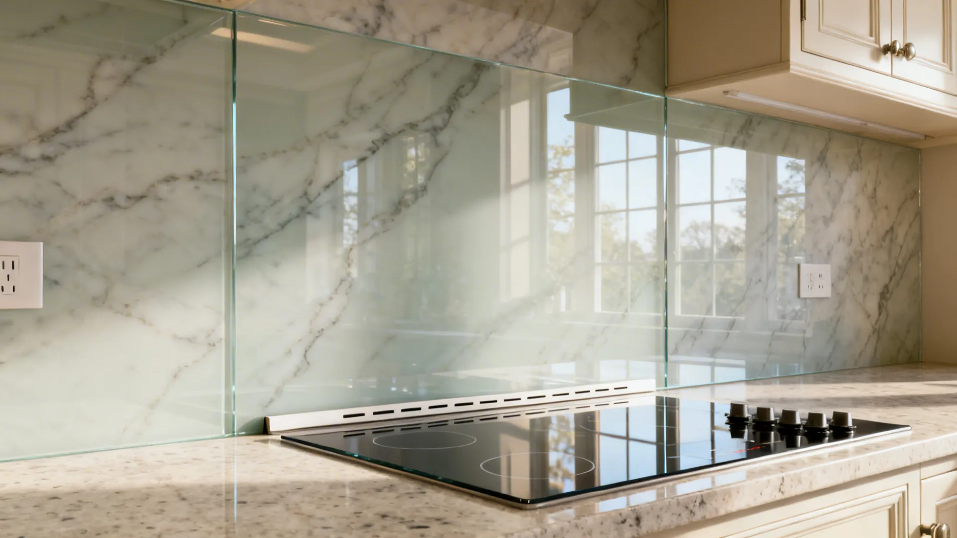 Seamless low-iron glass backsplash reflecting soft daylight over quartz counters.