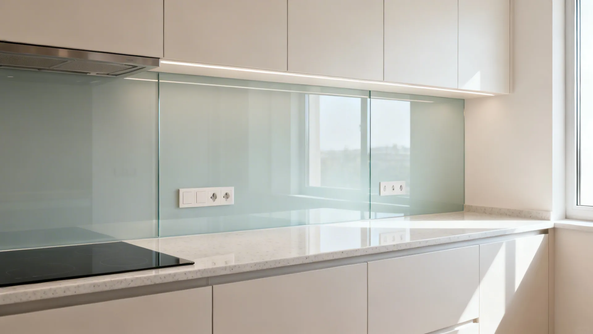 Low-iron glass backsplash brightening a compact kitchen with clean reflections and pale walls.