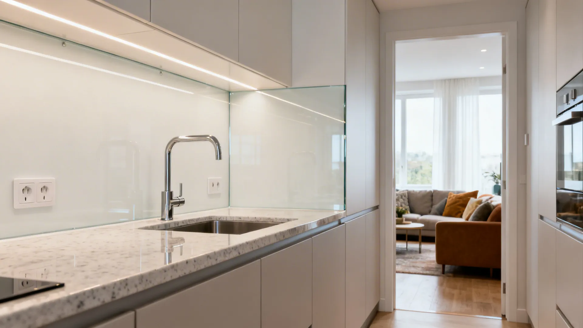 Low-iron glass backsplash reflects light and the adjacent family room for added depth.
