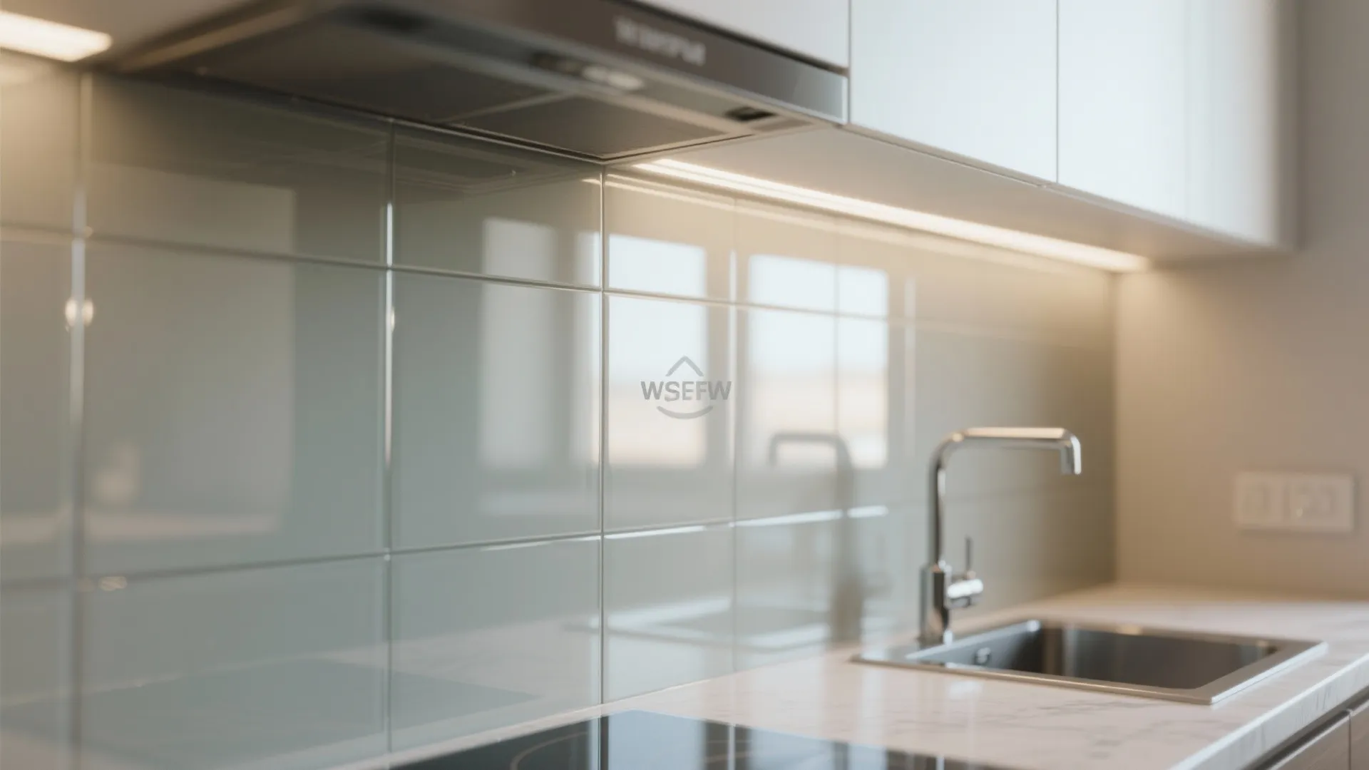 Close up of a shiny grey tiled wall behind a kitchen sink and water tap